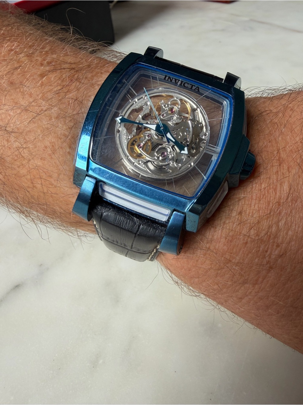 Invicta Men's Blue-Tone Skeleton Dial Automatic Watch with Black Leather Strap - Picture 3 of 10